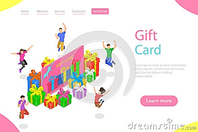 Isometric flat vector landing page template of gift card, loyalty program. Vector Illustration