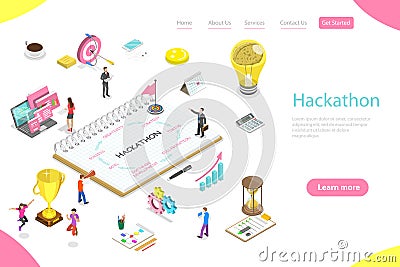 Isometric flat vector landing page template of hackathon. Vector Illustration