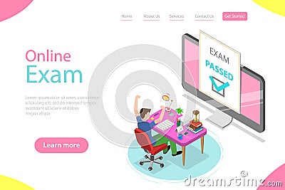 Isometric flat vector landing page template of passed online exam. Vector Illustration