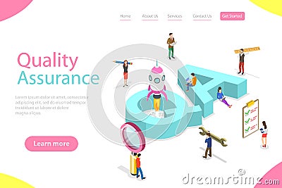 Isometric flat vector landing page template of QA, quality assurance. Vector Illustration