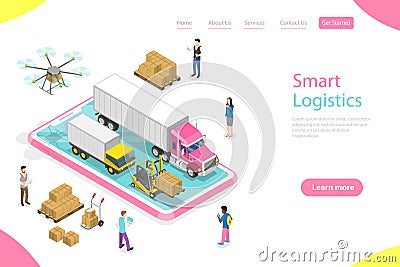 Isometric flat vector landing page template of smart logistics. Vector Illustration