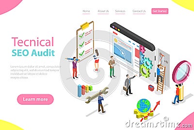 Isometric flat vector landing page template of technical SEO audit. Vector Illustration