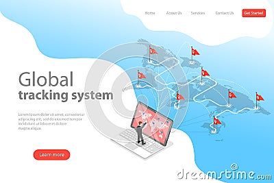 Isometric flat vector landing page template of worldwide freight shipping. Vector Illustration