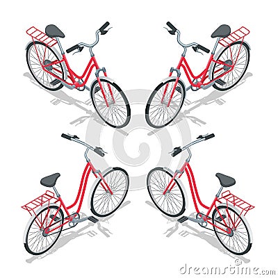 Isometric flat womens bicycle. Stylish womens pink bicycle isolated on white background. Vector bicycle illustration. Vector Illustration