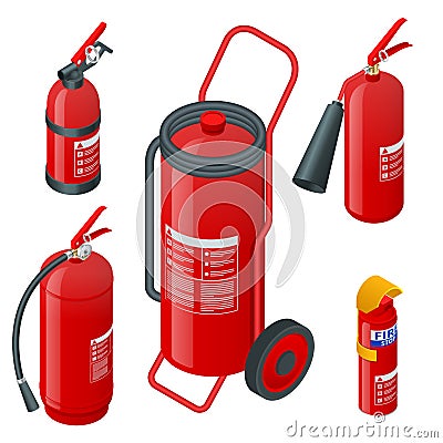 Isometric foam extinguishers, fire extinguishers isolated on white background. Fire safety and protection Vector Illustration