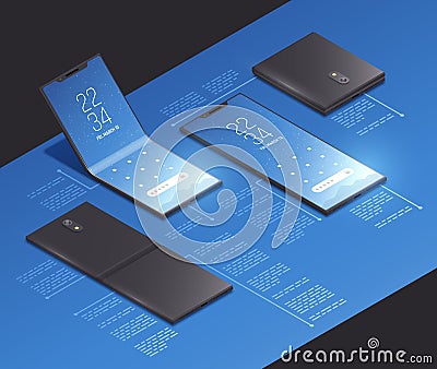 Isometric Foldable Phone Mockup Vector Illustration