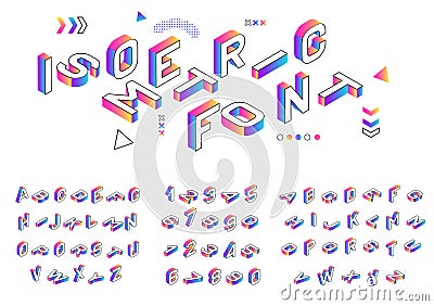 Isometric font. Creative colored geometric alphabet. 3d gradient letters numbers sign vector set. Vector Illustration