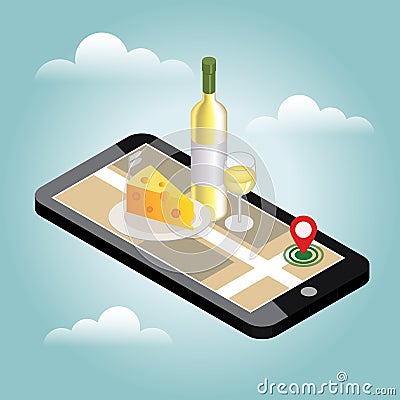 Isometric food delivering. Looking for bar or dinner. Mobile searching. Bar or wine shop. Geo tracking. Map Vector Illustration