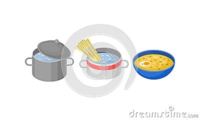 Isometric Foodstuff with Boiling Water in Saucepan and Soup Bowl Vector Set Vector Illustration