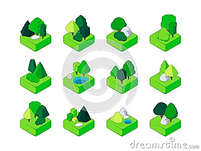 Isometric forest. Trees and bushes environment for landscape design, decorative nature elements polygonal shape for game Vector Illustration