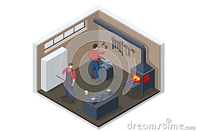 Isometric Forge, blacksmith. Strong blacksmith with hammer and anvil forge iron. Blacksmith in workshop Vector Illustration