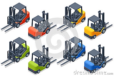 Isometric forklift isolated on white background. Forklift truck. Hydraulic machinery. Forklift truck with man driving. Vector Illustration