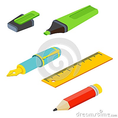 Isometric fountain pen, pencil, ruler and marker on white background. For web design and application interface, also useful for i Vector Illustration