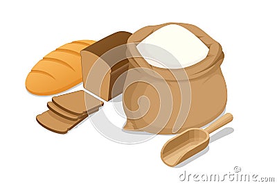 Isometric fresh crispy wheat bread and rye flour bread cut into pieces, an open bag of flour. Organic flour. Healthy Vector Illustration