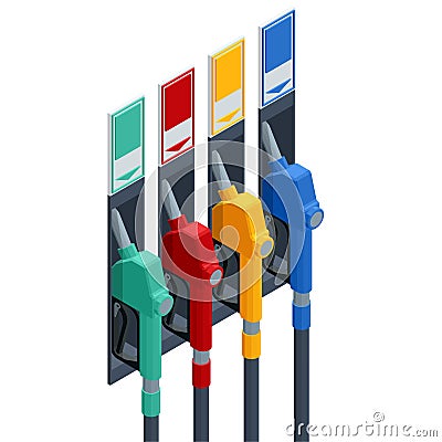 Isometric fuel pumps at a gas station. Colorful Petrol pump filling nozzles isolated on white background Vector Illustration