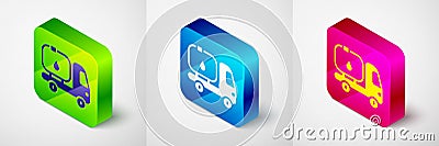 Isometric Fuel tanker truck icon isolated on grey background. Gasoline tanker. Square button. Vector Stock Photo