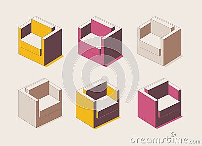 Isometric full color outline soft chair in various colors. Pink and yellow furniture for office lobby and home interior Stock Photo