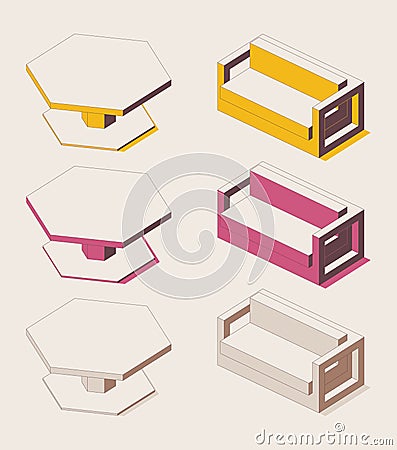 Isometric full color outline table with sofa for office, home, reception Stock Photo