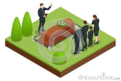 Isometric Funeral ceremony at the cemetery. Sad and crying people in black clothes are standing with flowers near the Vector Illustration