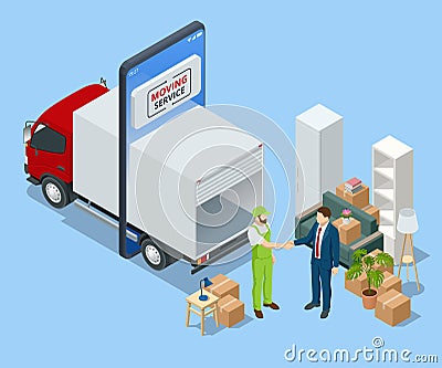 Isometric Furniture delivery, moving house service concept. Relocation. Loaders taking furniture from truck. Delivery Vector Illustration