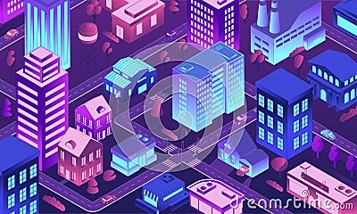 Isometric futuristic city. 3D town at night. Buildings with neon lighting windows. Top view of illuminated houses and Vector Illustration