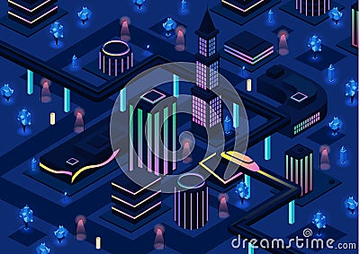 Isometric futuristic city vector illustration of 3d future night smart city infrastructure with illumination technology Vector Illustration