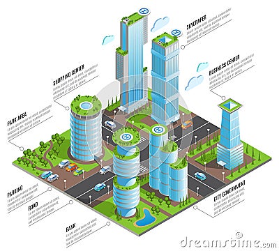 Isometric Futuristic Skyscrapers Infographics Vector Illustration