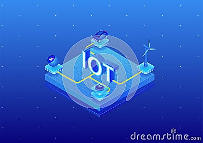 IOT internet of things concept. 3d isometric vector illustration of connected devices such as autonomous car, wind turbine Vector Illustration