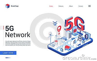 Isometric 5g network concept landing page, mobile networking technology for smart city Vector Illustration