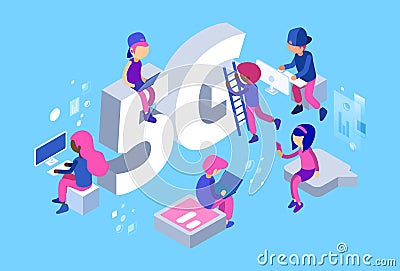 Isometric 5G network. Vector 5g wifi net. 3D different people, web developers at work Vector Illustration