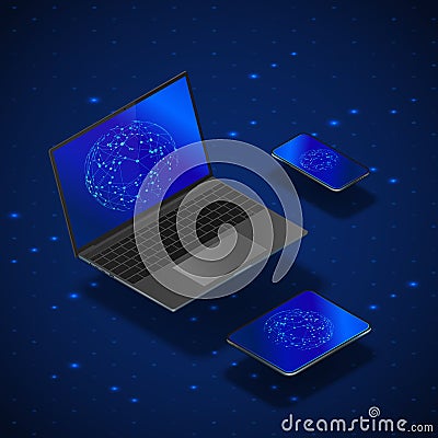 Isometric gadgets mock up set. Realistic laptop mobile and tablet with global networking on screen. Modern gadgets template. Vector Illustration