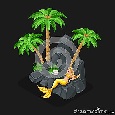 Isometric game concept of a cartoon with a fairy-tale character, a mermaid guards a pearl, a girl, the sea, islands, stones Vector Illustration