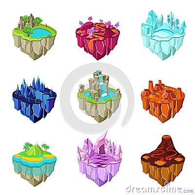 Isometric Game Islands Set Vector Illustration