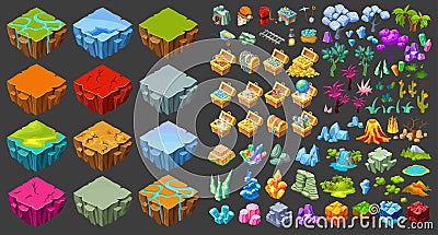 Isometric Game Landscape Icons Set Vector Illustration