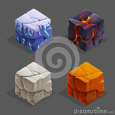 Isometric game nature brick cubes set. Vector lava cube, stone and ice cube design elements. Vector Illustration