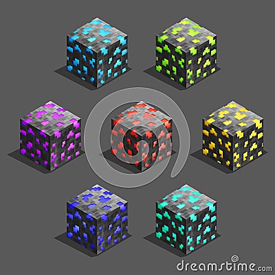 Isometric game pixel brick cubes set. Cube for game, element pixel texture for computer game. Vector Illustration