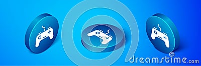 Isometric Gamepad icon isolated on blue background. Game controller. Blue circle button. Vector Vector Illustration