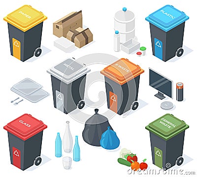 Isometric garbage multicolour trash cans, waste recycle bins. Plastic, glass, organic or paper garbage cans, 3d trash Vector Illustration