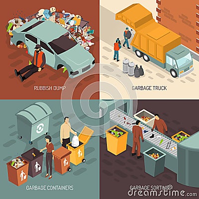 Isometric Garbage Recycling Design Icon Set Vector Illustration