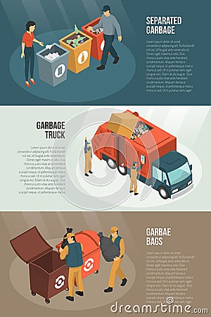 Isometric Garbage Recycling Horizontal Banner Set Vector Illustration