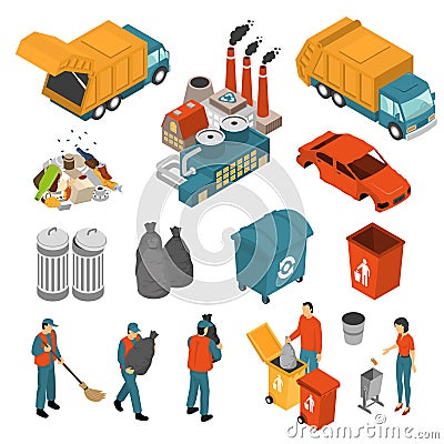 Isometric Garbage Recycling Icon Set Vector Illustration