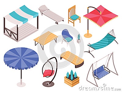 Isometric garden furniture isometric set with tent, wooden table and chair. Bed, bench, swing and hammocks with umbrella Vector Illustration