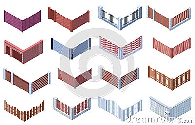 Isometric garden or suburban house 3d gate fences. Wooden, metal trellises, stone gate fences vector illustration set Vector Illustration