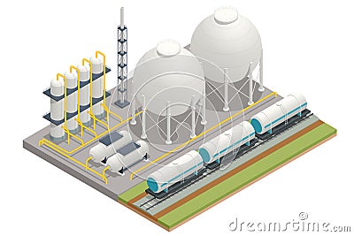 Isometric Gas storage tanks. White spherical propane tanks. Containing fuel gas pipeline. Vector Illustration