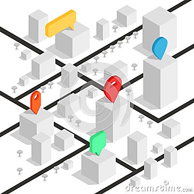 Isometric geolocation map with buildings and roads. Minimalistic navigation map. Location with pin pointer. Isometric Vector Illustration