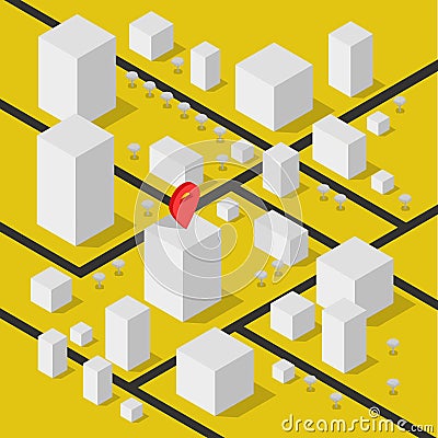 Isometric geolocation map with buildings and roads. Minimalistic navigation map. Location with pin pointer. Isometric Vector Illustration