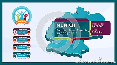 Isometric Germany country map tagged in Munich stadium which will be held football matches vector illustration. Football 2020 2021 Vector Illustration