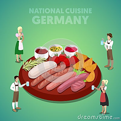 Isometric Germany National Cuisine with Sausage Plate and German People in Traditional Clothes Vector Illustration