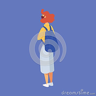 Isometric girl with a backpack in a mask waiting for shopping trip Stock Photo