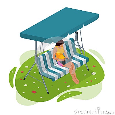 Isometric girl with a laptop sitting on the garden swing. Place for outdoor recreation isolated on white background. Vector Illustration